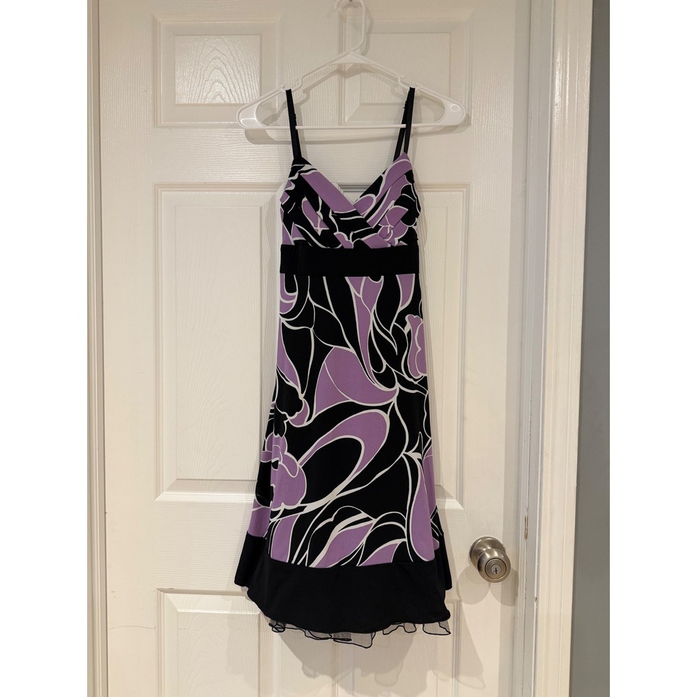 Trixxi Purple Black Abstract‎ Floral Empire Waist Dress Small Y2K Ruffle Hem